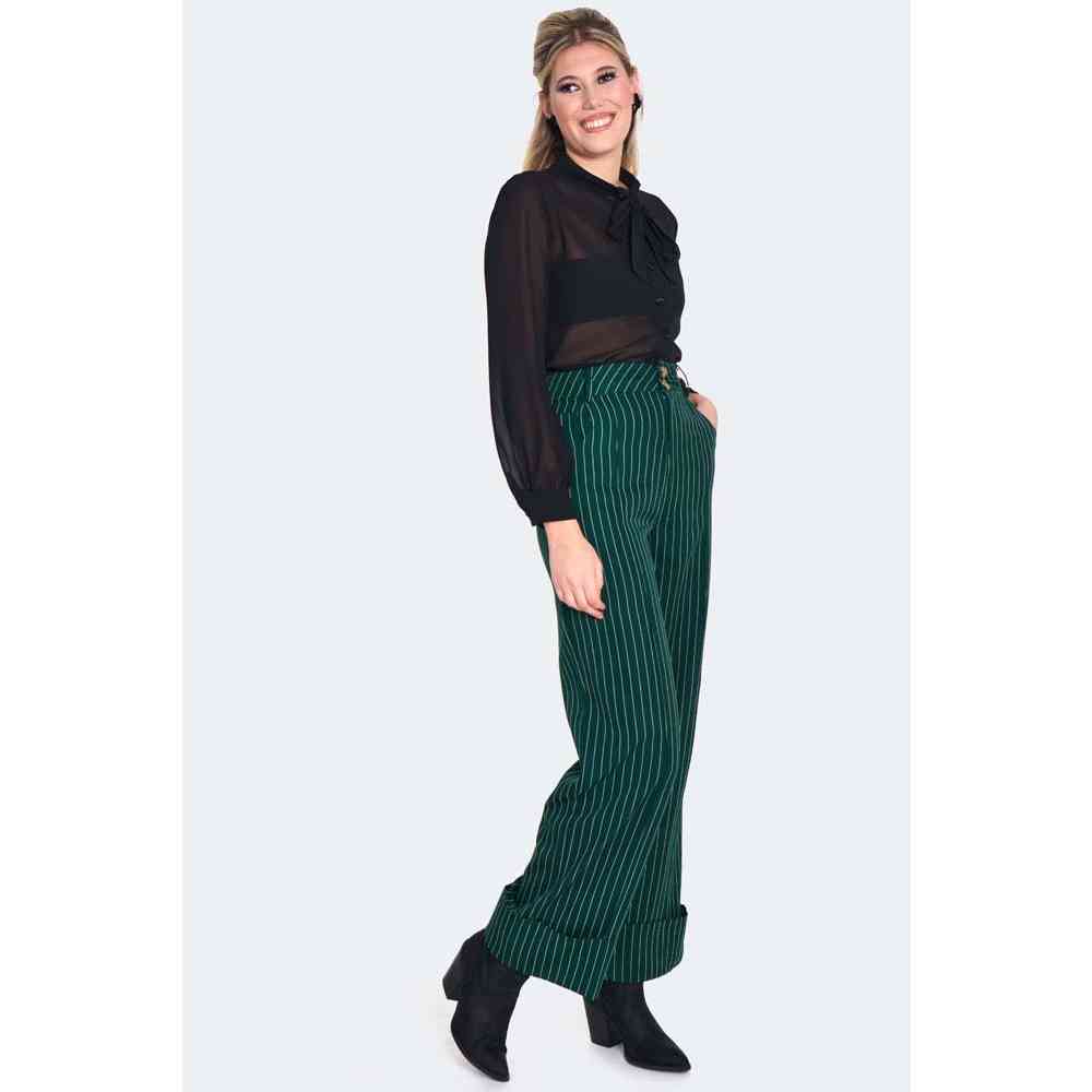 Voodoo Vixen - Green Pinstripe Turn Up Wijde broek - Groen